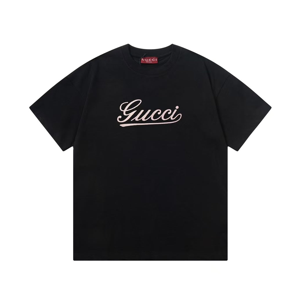 Gucci Embroidered Pink Wording Logo Tee